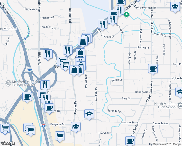 map of restaurants, bars, coffee shops, grocery stores, and more near 1426 Coquette Street in Medford