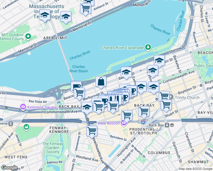 map of restaurants, bars, coffee shops, grocery stores, and more near 397 Beacon Street in Boston