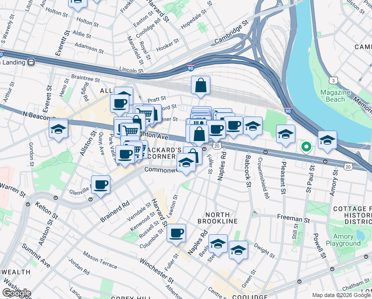 map of restaurants, bars, coffee shops, grocery stores, and more near 39 Brighton Avenue in Boston