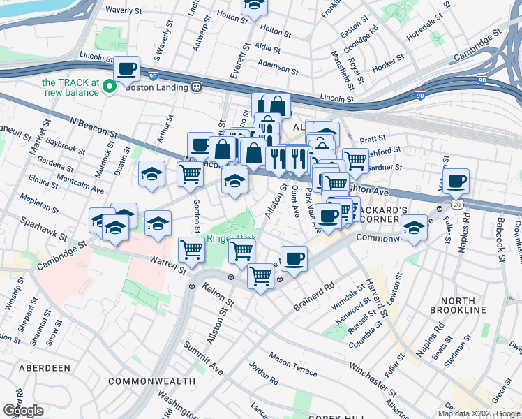 map of restaurants, bars, coffee shops, grocery stores, and more near 21-23 Higgins Street in Boston