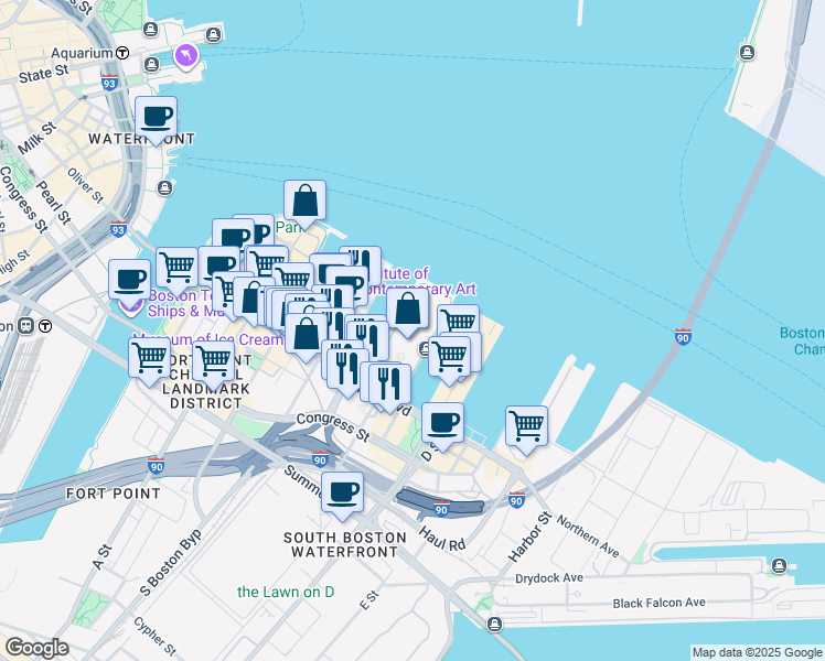 map of restaurants, bars, coffee shops, grocery stores, and more near 162 Seaport Boulevard in Boston