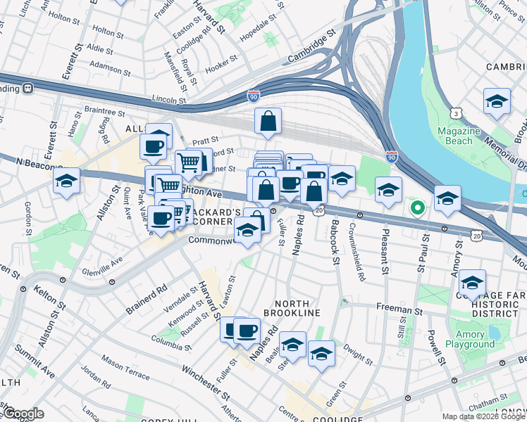 map of restaurants, bars, coffee shops, grocery stores, and more near 1113 Commonwealth Avenue in Boston