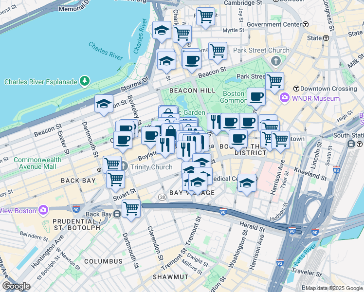 map of restaurants, bars, coffee shops, grocery stores, and more near 320 Boylston Street in Boston