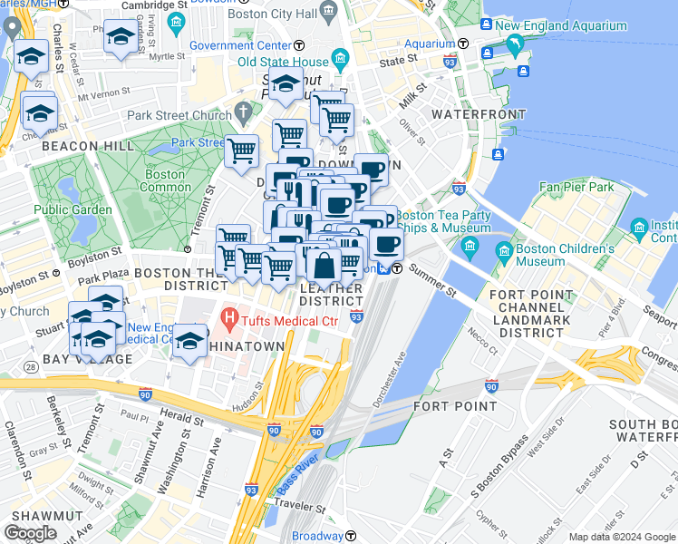 map of restaurants, bars, coffee shops, grocery stores, and more near 89 South Street in Boston