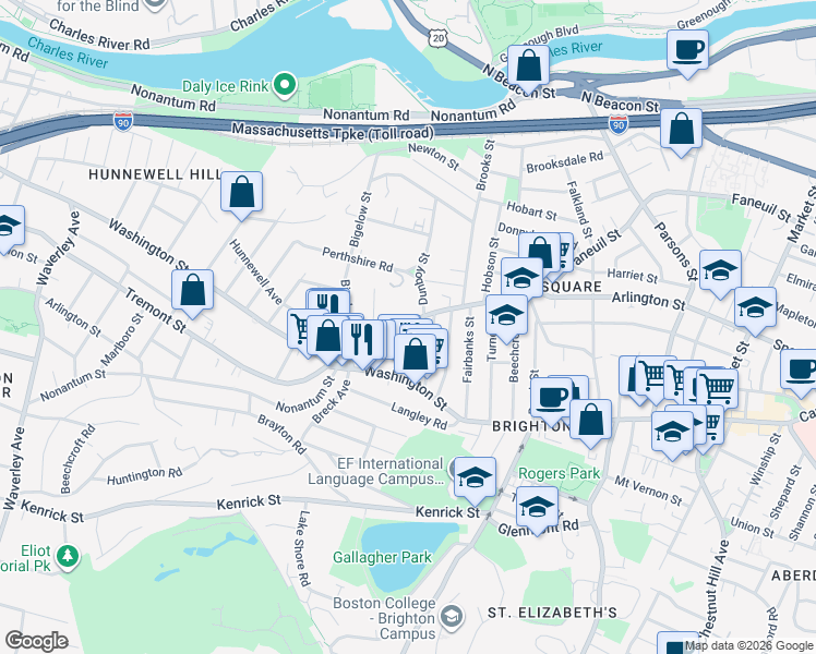 map of restaurants, bars, coffee shops, grocery stores, and more near 4-12 Perthshire Road in Boston
