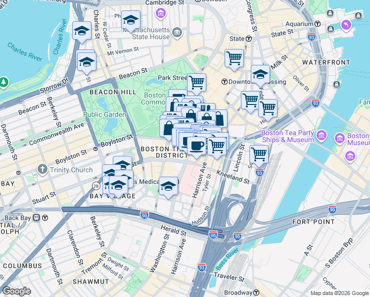 map of restaurants, bars, coffee shops, grocery stores, and more near 4 Avery Street in Boston