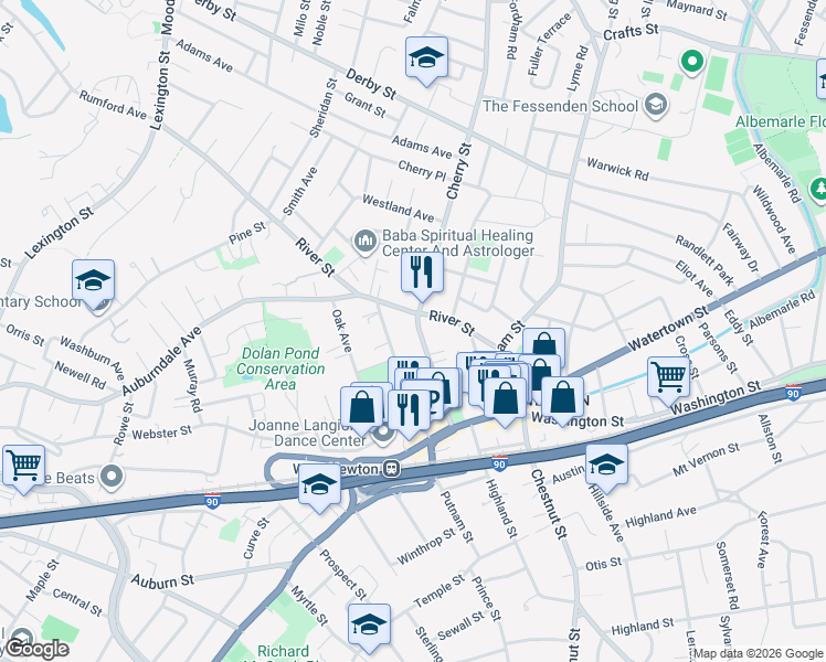 map of restaurants, bars, coffee shops, grocery stores, and more near 371 Cherry Street in Newton