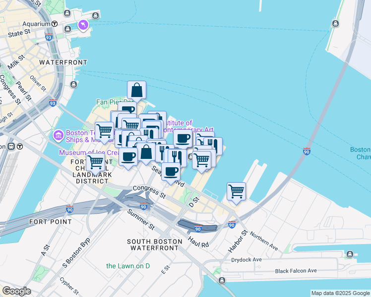 map of restaurants, bars, coffee shops, grocery stores, and more near 162 Seaport Boulevard in Boston
