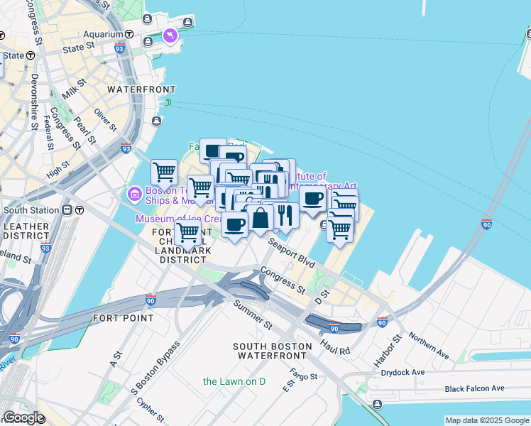 map of restaurants, bars, coffee shops, grocery stores, and more near 200 Pier 4 Boulevard in Boston