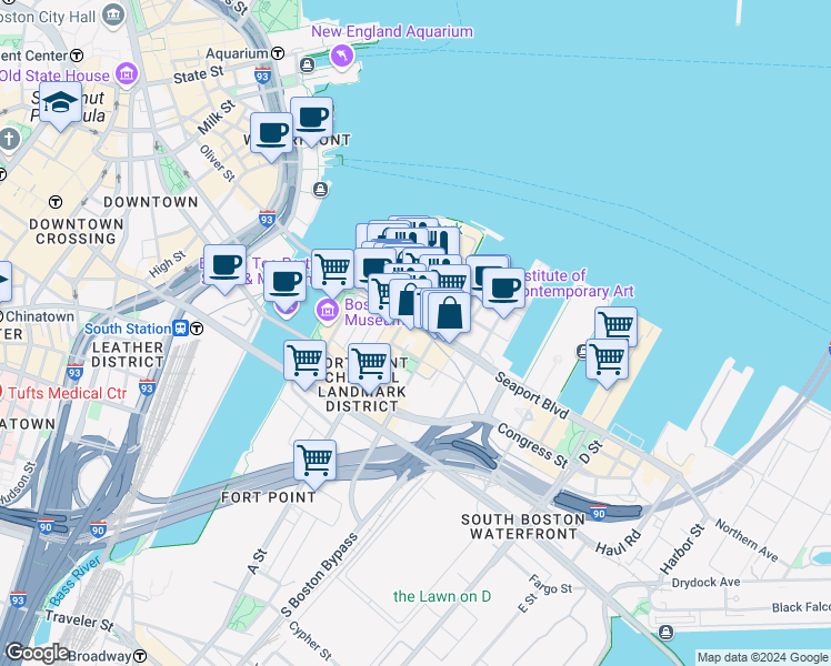 map of restaurants, bars, coffee shops, grocery stores, and more near 65 Northern Avenue in Boston