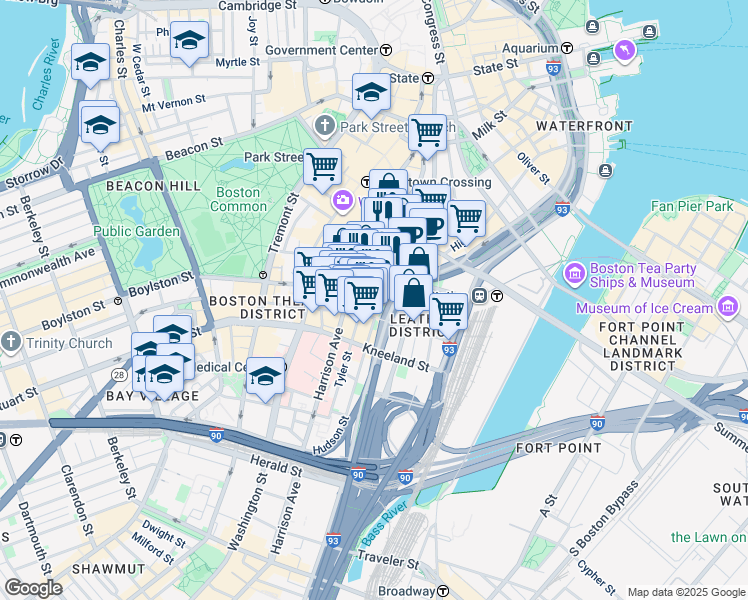 map of restaurants, bars, coffee shops, grocery stores, and more near 125 Kingston Street in Boston