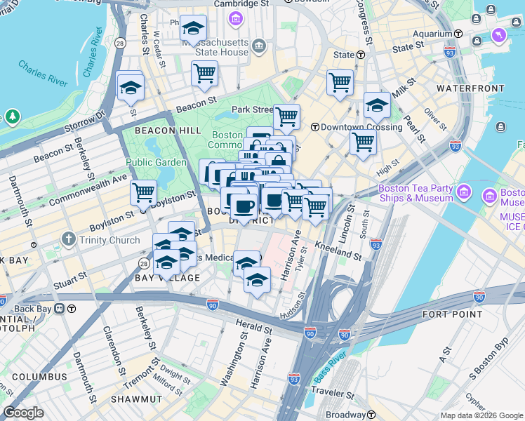 map of restaurants, bars, coffee shops, grocery stores, and more near in Boston