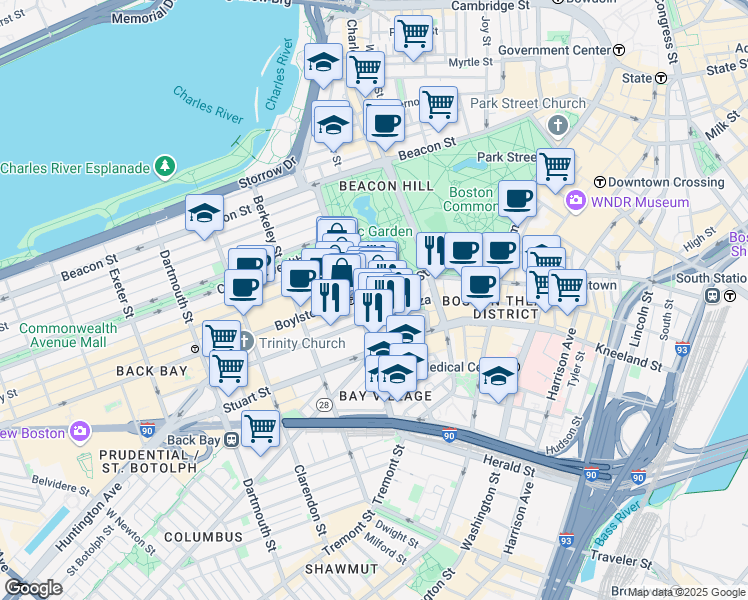 map of restaurants, bars, coffee shops, grocery stores, and more near 217 Boylston Street in Boston