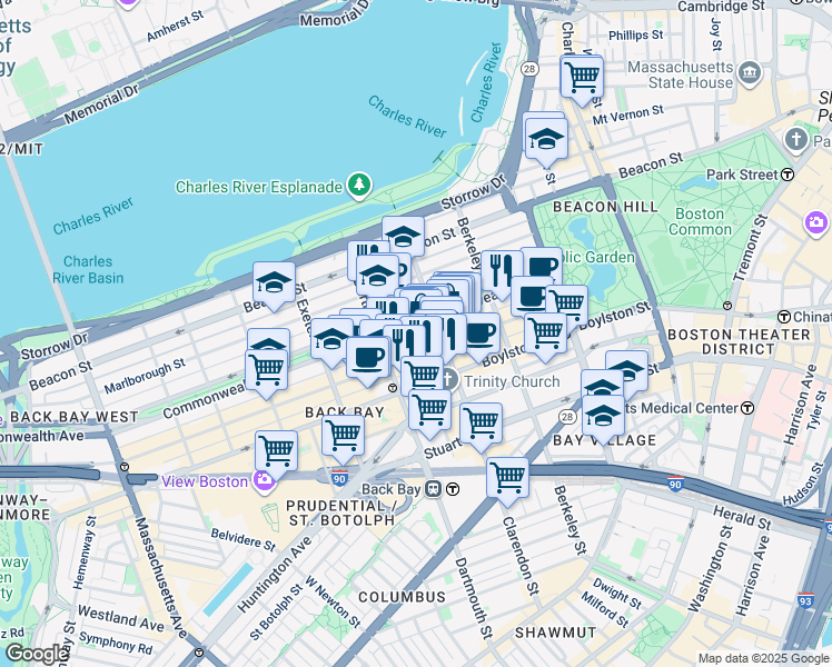 map of restaurants, bars, coffee shops, grocery stores, and more near in Boston