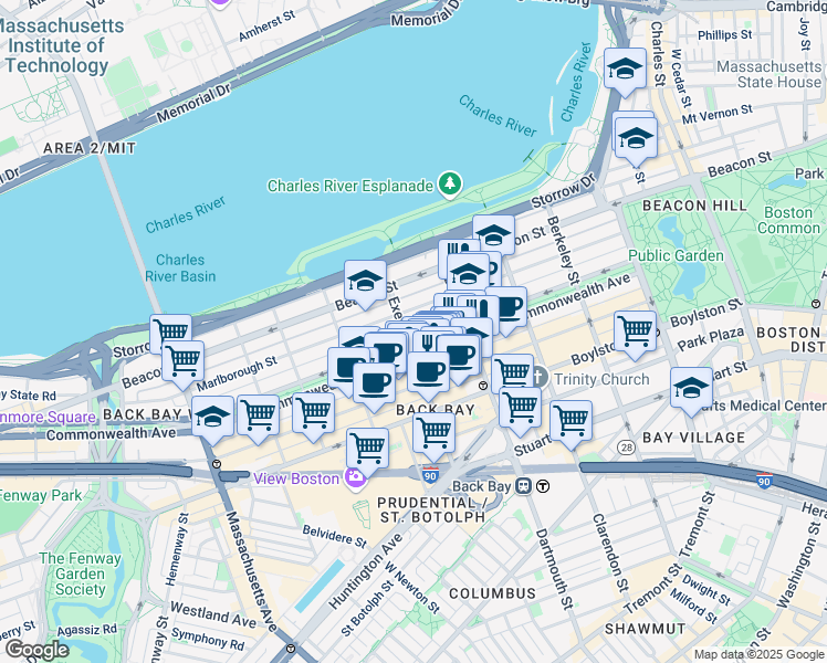 map of restaurants, bars, coffee shops, grocery stores, and more near 193 Marlborough Street in Boston