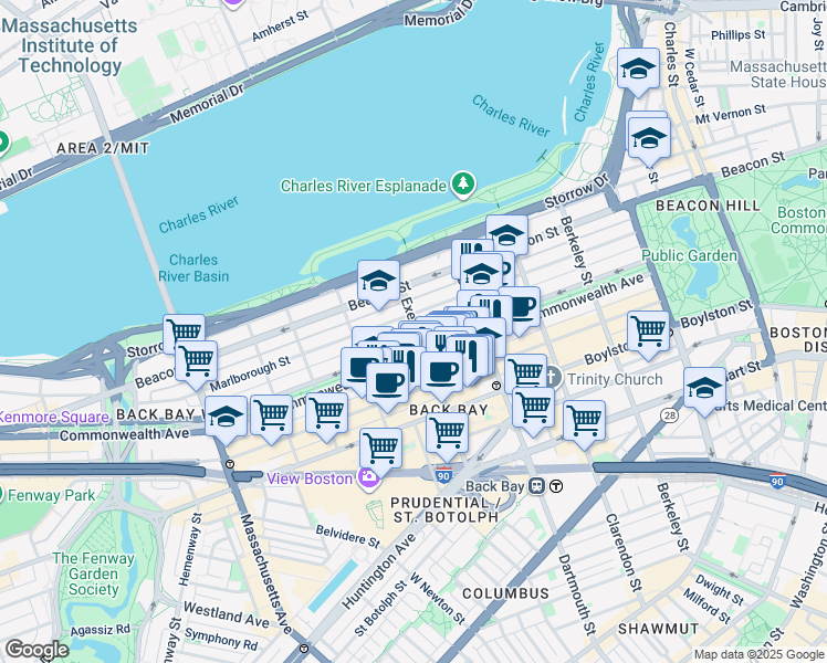 map of restaurants, bars, coffee shops, grocery stores, and more near 193 Marlborough Street in Boston