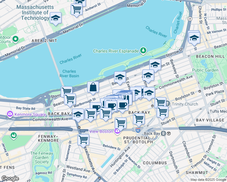 map of restaurants, bars, coffee shops, grocery stores, and more near 10 Fairfield Street in Boston