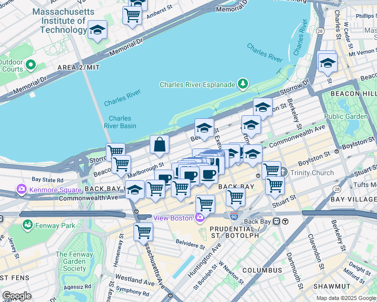 map of restaurants, bars, coffee shops, grocery stores, and more near 10 Fairfield Street in Boston
