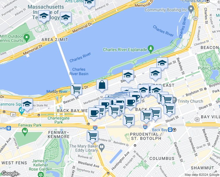 map of restaurants, bars, coffee shops, grocery stores, and more near 370 Beacon Street in Boston