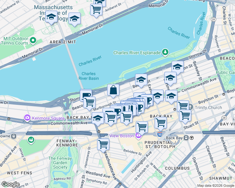 map of restaurants, bars, coffee shops, grocery stores, and more near 370 Beacon Street in Boston