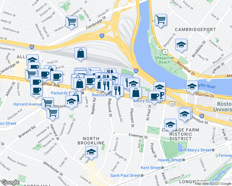 map of restaurants, bars, coffee shops, grocery stores, and more near 1019 U.S. 20 in Boston