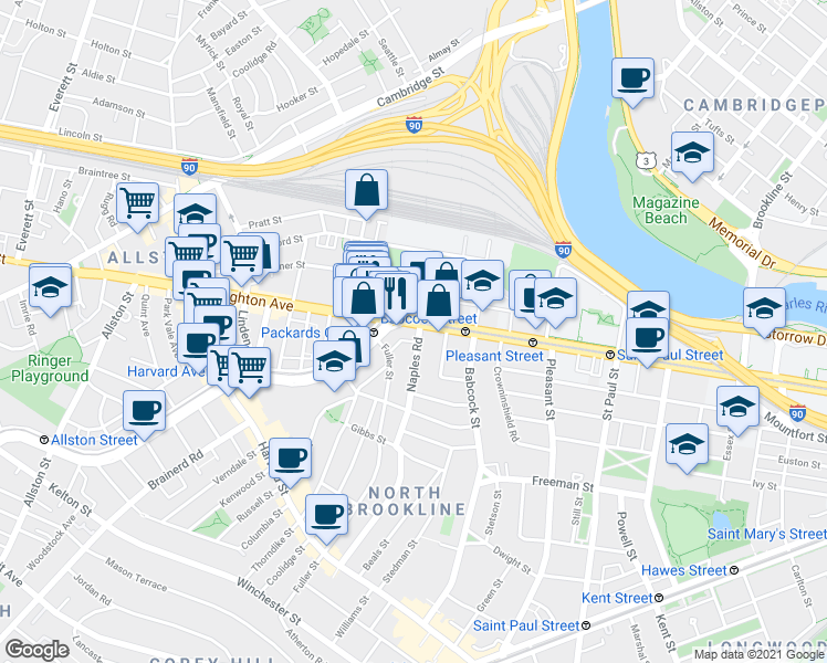 map of restaurants, bars, coffee shops, grocery stores, and more near 1083 Commonwealth Avenue in Boston