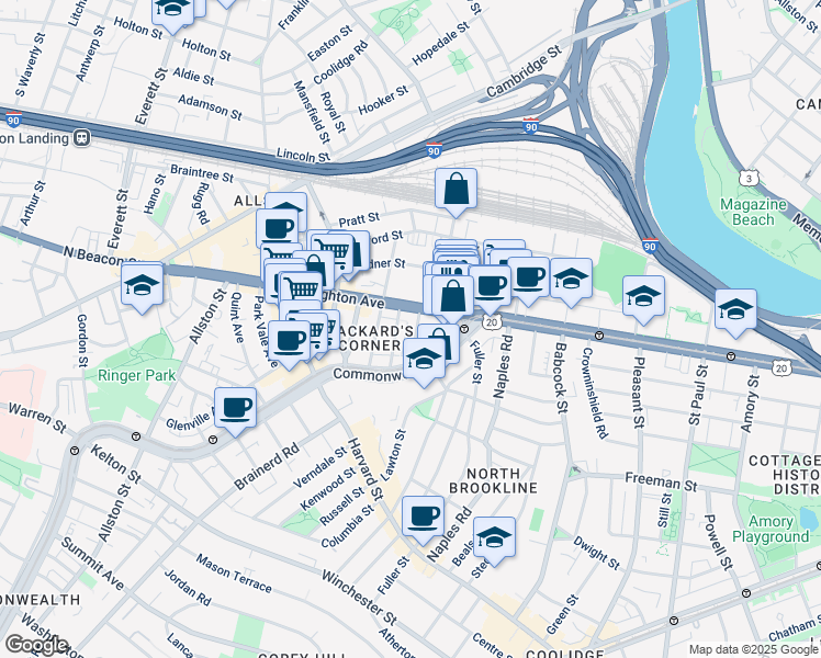 map of restaurants, bars, coffee shops, grocery stores, and more near 39 Brighton Avenue in Boston