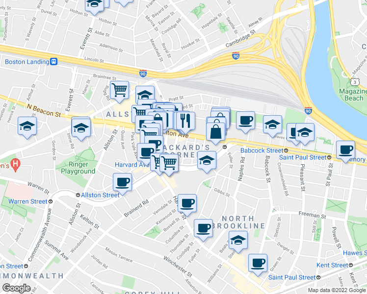 map of restaurants, bars, coffee shops, grocery stores, and more near 66 Brighton Avenue in Boston