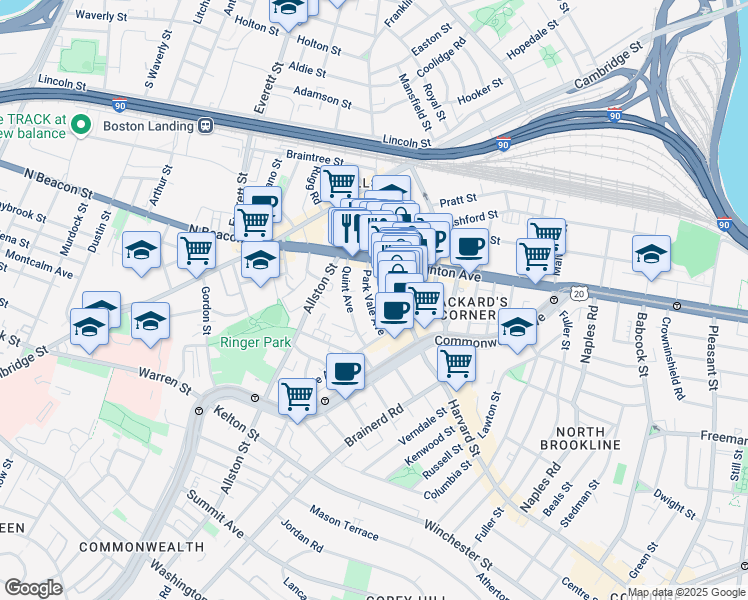 map of restaurants, bars, coffee shops, grocery stores, and more near 47 Park Vale Avenue in Boston