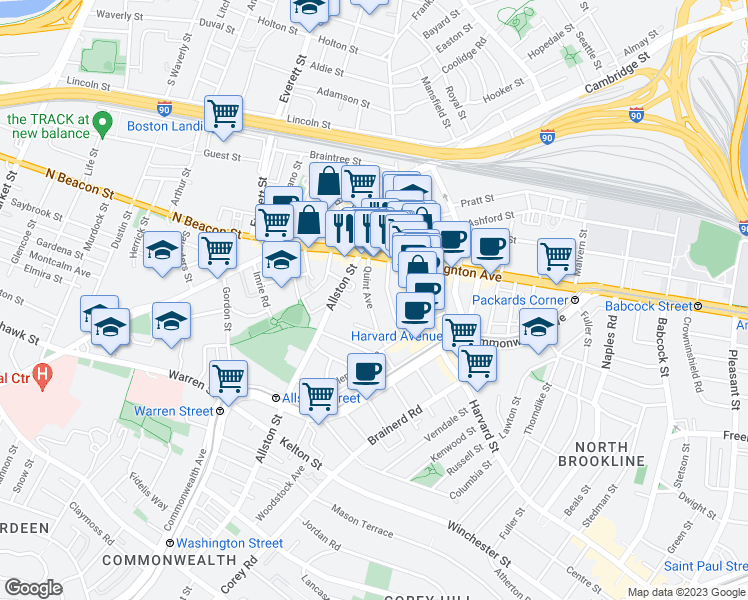 map of restaurants, bars, coffee shops, grocery stores, and more near 21 Quint Avenue in Boston