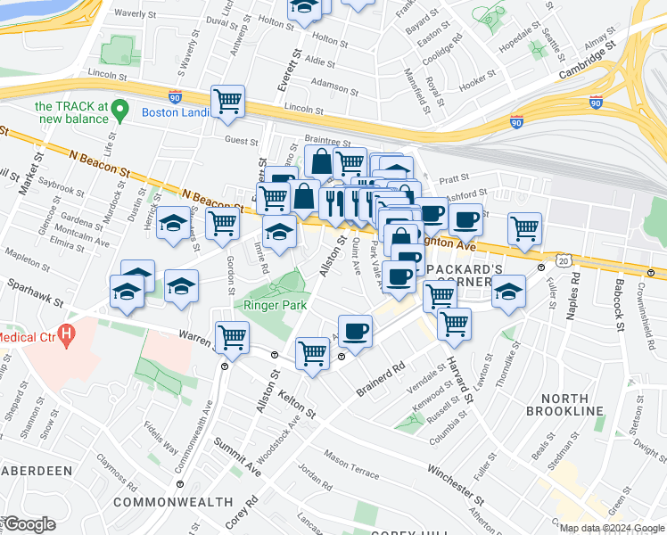map of restaurants, bars, coffee shops, grocery stores, and more near 21 Quint Avenue in Boston