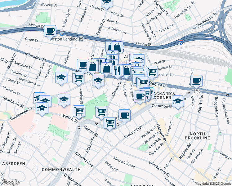 map of restaurants, bars, coffee shops, grocery stores, and more near 21-23 Higgins Street in Boston