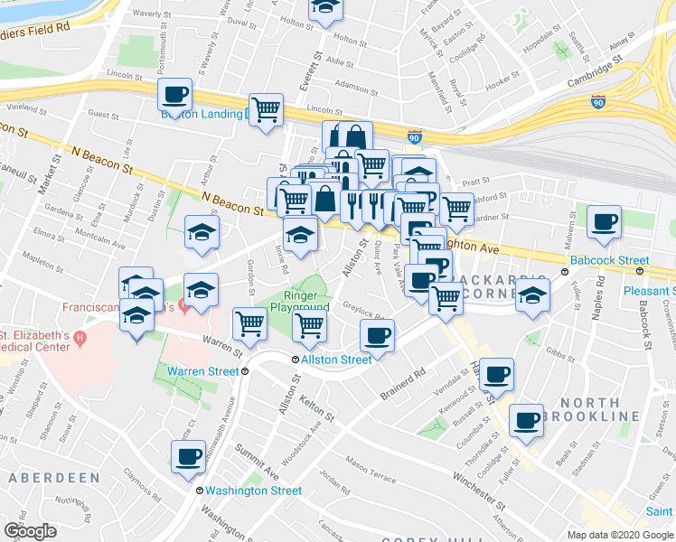map of restaurants, bars, coffee shops, grocery stores, and more near 21-23 Higgins Street in Boston