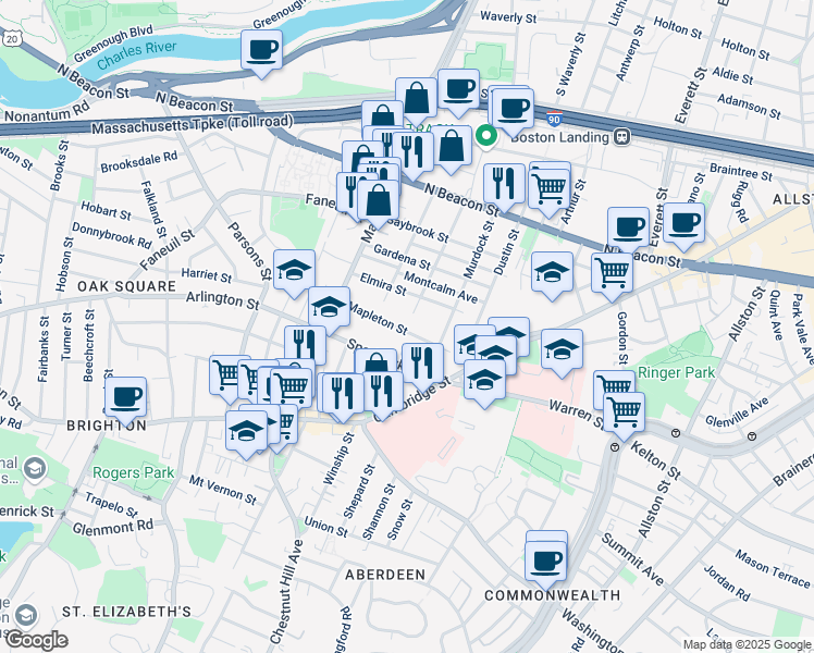 map of restaurants, bars, coffee shops, grocery stores, and more near 96 Etna Street in Boston