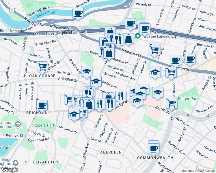 map of restaurants, bars, coffee shops, grocery stores, and more near 90 Glencoe Street in Boston