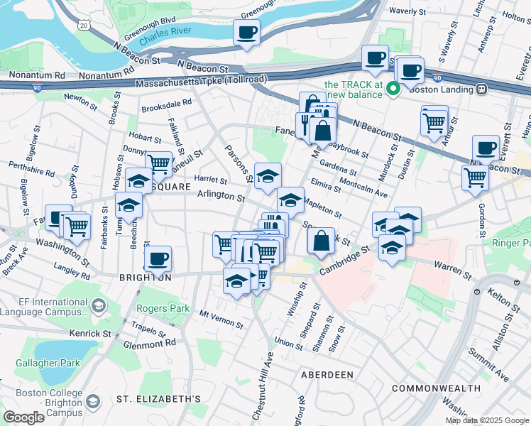map of restaurants, bars, coffee shops, grocery stores, and more near 25 Arlington Street in Boston