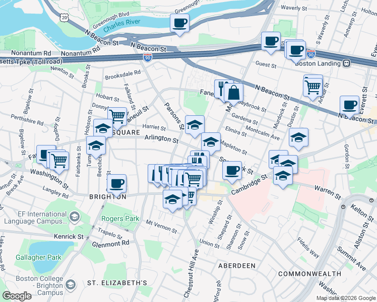 map of restaurants, bars, coffee shops, grocery stores, and more near 73 Parsons Street in Boston