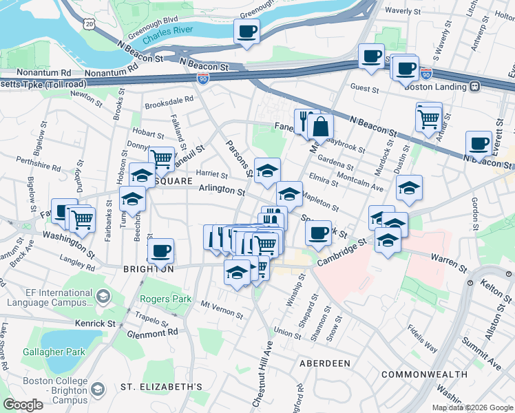 map of restaurants, bars, coffee shops, grocery stores, and more near 73 Parsons Street in Boston