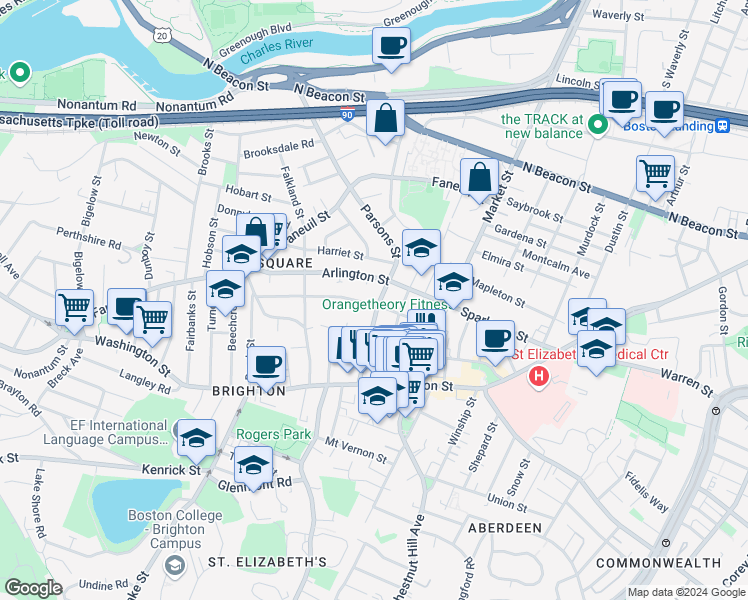 map of restaurants, bars, coffee shops, grocery stores, and more near 78 Arlington Street in Boston