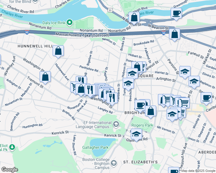 map of restaurants, bars, coffee shops, grocery stores, and more near 335 Faneuil Street in Boston