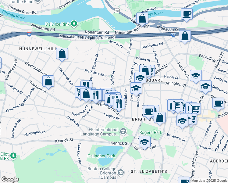 map of restaurants, bars, coffee shops, grocery stores, and more near 335 Faneuil Street in Boston
