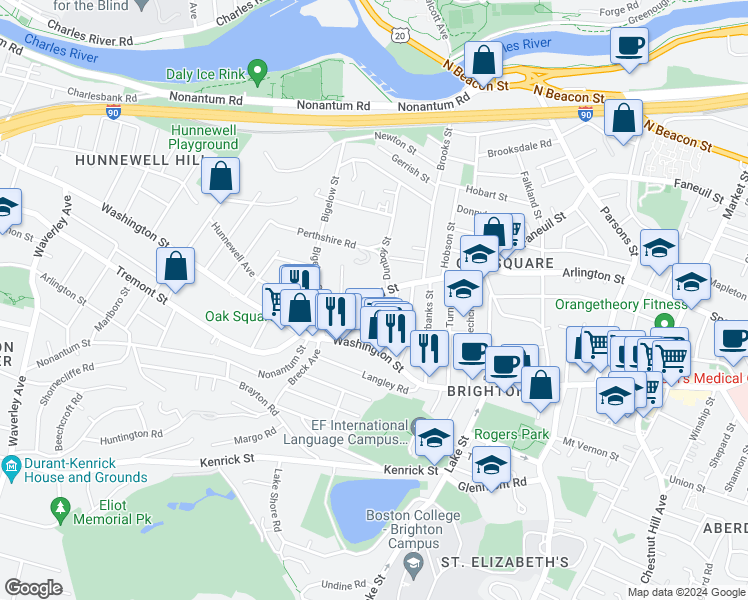 map of restaurants, bars, coffee shops, grocery stores, and more near 4-12 Perthshire Road in Boston
