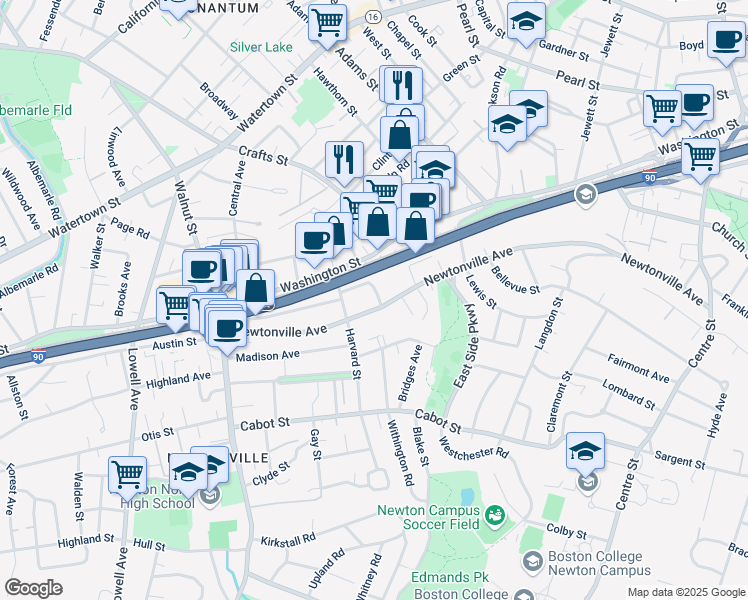 map of restaurants, bars, coffee shops, grocery stores, and more near 34 Farquhar Road in Newton