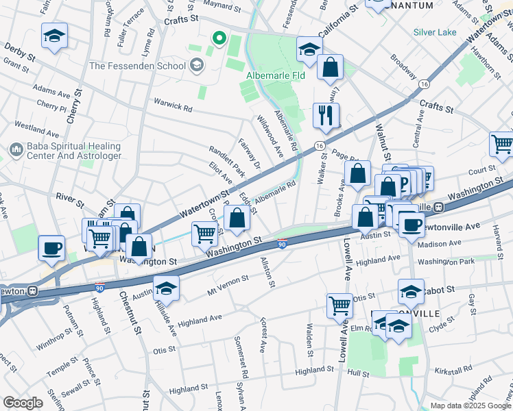 map of restaurants, bars, coffee shops, grocery stores, and more near in Newton