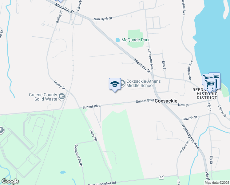 map of restaurants, bars, coffee shops, grocery stores, and more near 24 Sunset Boulevard in Coxsackie