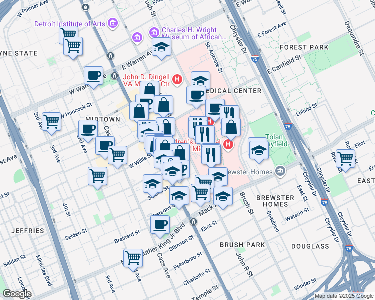 map of restaurants, bars, coffee shops, grocery stores, and more near 4160 East Willis Street in Detroit