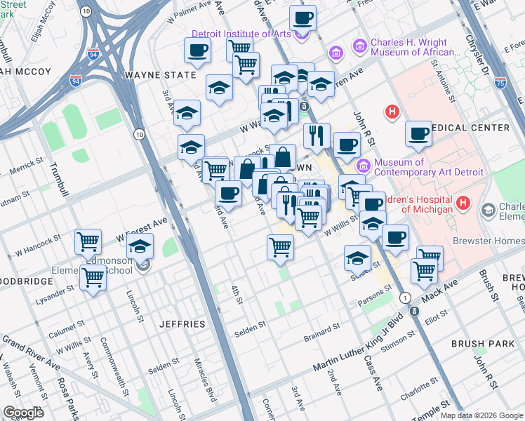 map of restaurants, bars, coffee shops, grocery stores, and more near 4606 2nd Avenue in Detroit