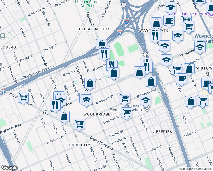 map of restaurants, bars, coffee shops, grocery stores, and more near 5053 Commonwealth Street in Detroit