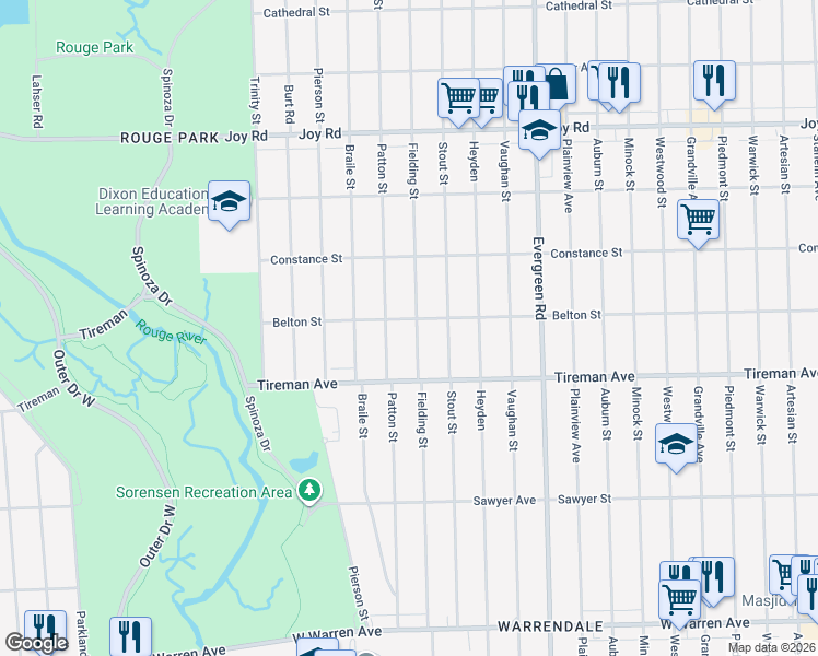 map of restaurants, bars, coffee shops, grocery stores, and more near 8221 Fielding Street in Detroit