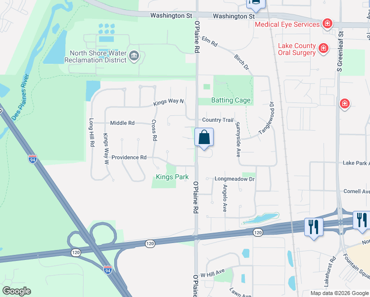 map of restaurants, bars, coffee shops, grocery stores, and more near 33742 O'Plaine Road in Gurnee